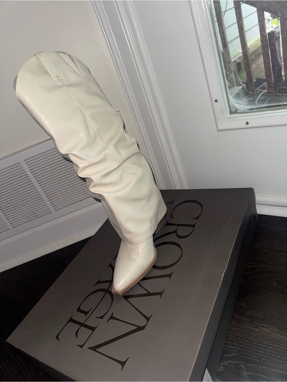 Crown Vintage Cream Over-the-Knee Pointed-Toe Boots